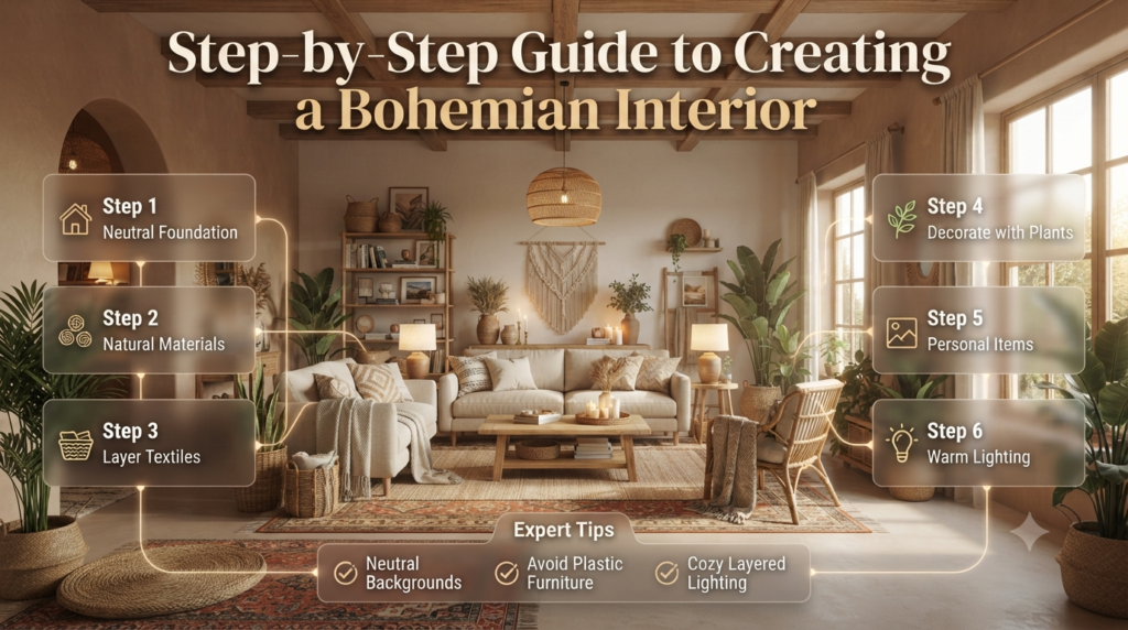 A step-by-step infographic showing how to create a bohemian interior using neutral colors, natural materials, layered textiles, indoor plants, personal décor, and warm lighting.