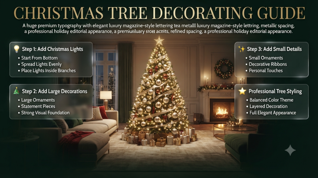 Christmas tree decorating guide showing professional ornament placement, warm lights, ribbons, toppers, and elegant holiday styling ideas.
