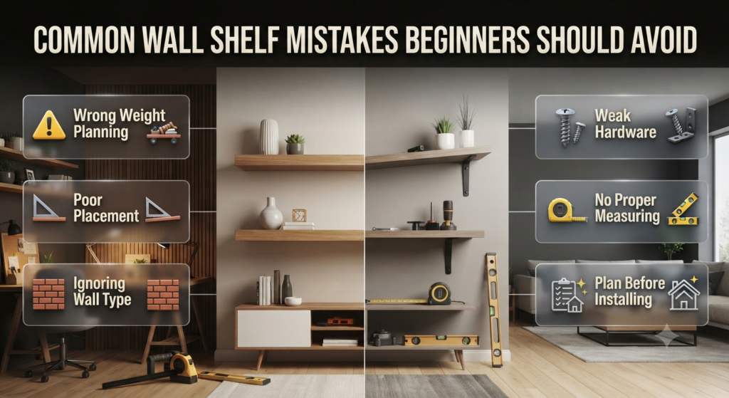 Common wall shelf mistakes beginners make including poor installation, wrong placement, weak support, and unsafe shelving decisions.