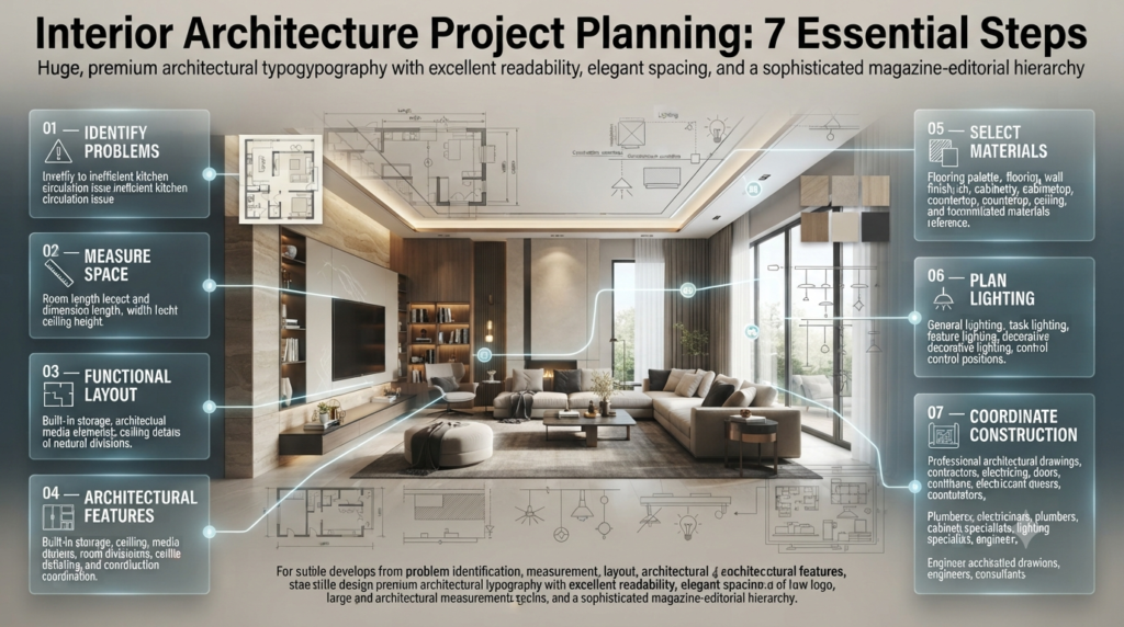 Interior architecture project planning showing measurements, functional layouts, materials, lighting, and construction coordination