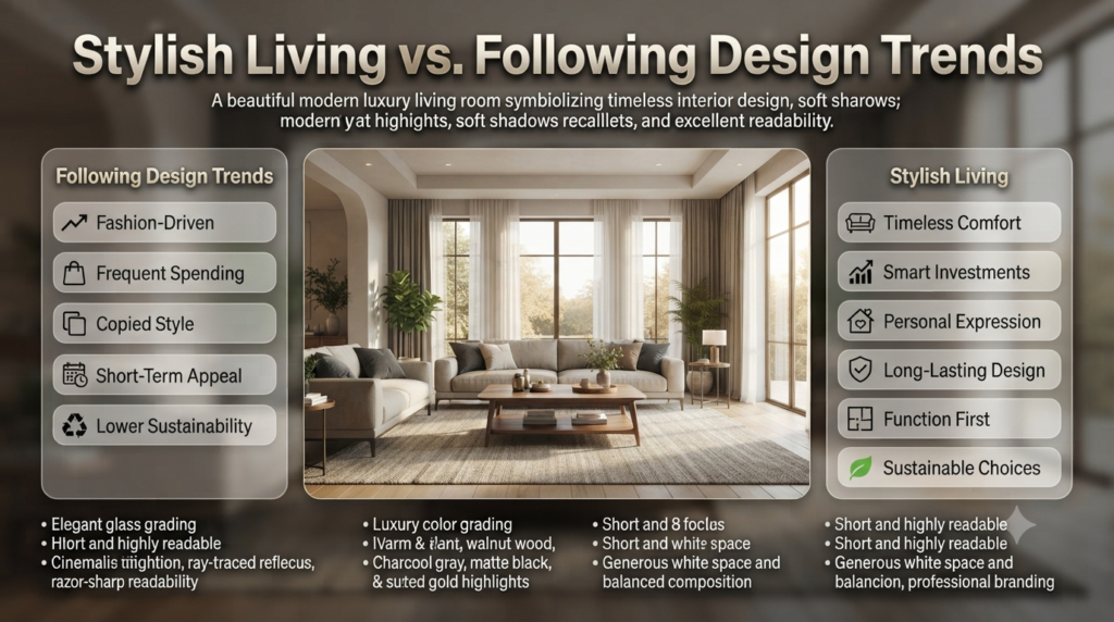 Modern interior infographic comparing stylish living with design trends, featuring timeless home décor principles, smart investments, sustainability, and personalized interiors.