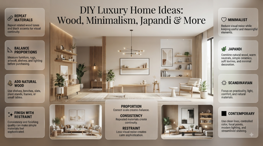 DIY luxury home ideas featuring natural wood, balanced proportions, minimalist styling, Japandi, Scandinavian, and contemporary interiors