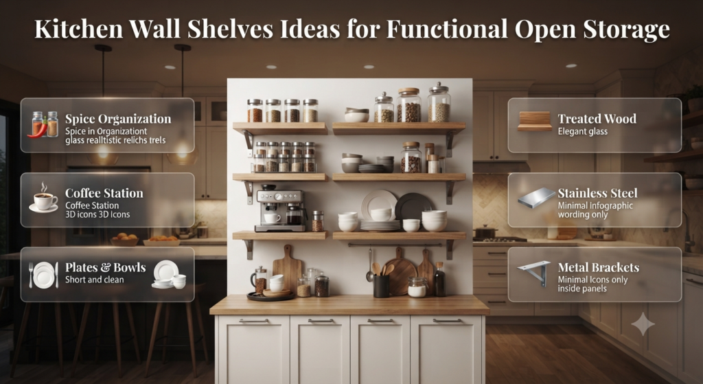 Kitchen wall shelves ideas featuring open storage, spice organization, coffee stations, wooden shelves, stainless steel options, and modern design.
