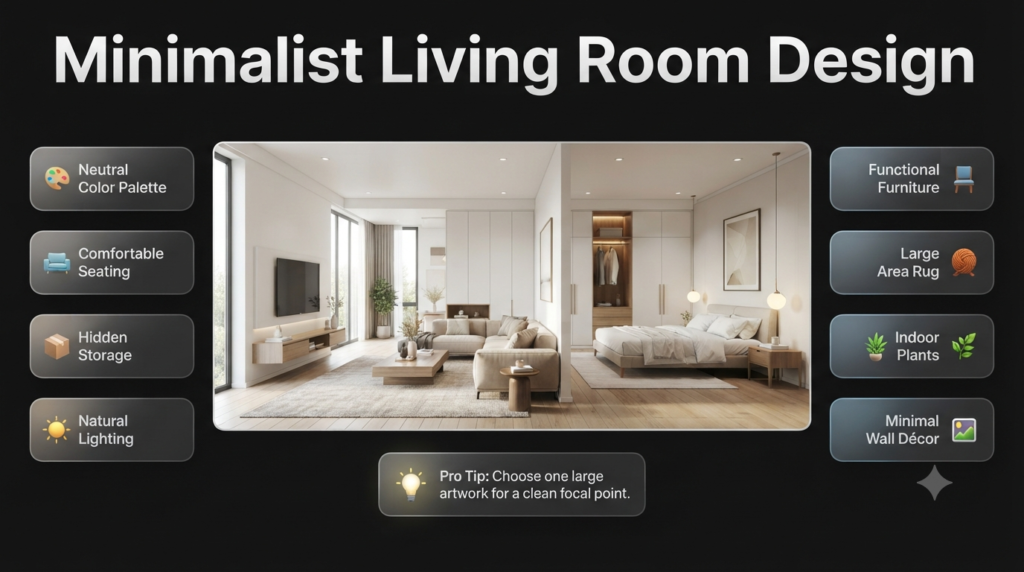 Modern minimalist living room and bedroom with neutral colors, clean lines, natural lighting, hidden storage, functional furniture, and uncluttered interior design.
