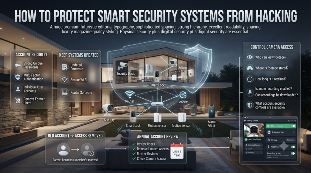 Smart security cybersecurity infographic showing strong passwords, MFA, firmware updates, secure Wi-Fi, account controls, and camera privacy.