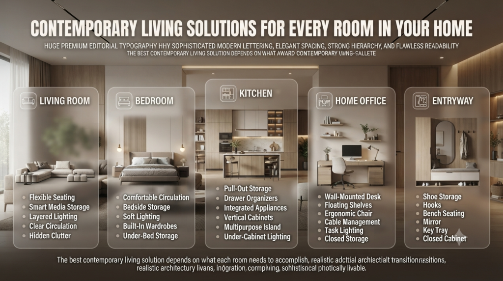 Modern home infographic showing smart living solutions for living rooms, bedrooms, kitchens, home offices, and entryways.