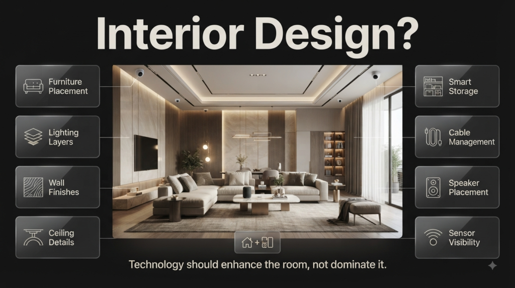 Smart home interior design showing hidden technology, smart lighting, cable management, speakers, sensors, and stylish finishes.