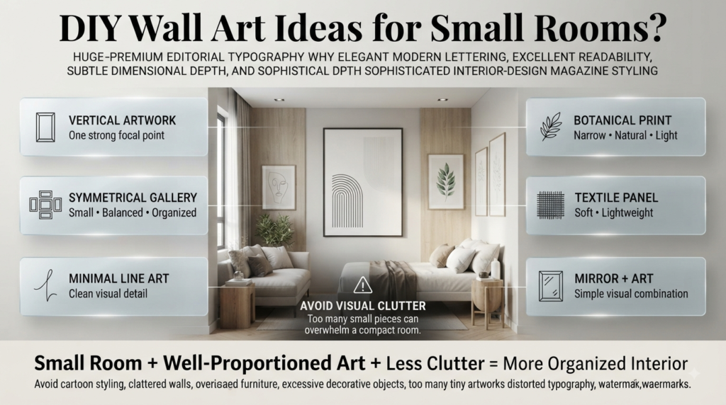 DIY wall art ideas for small rooms featuring vertical artwork, minimalist line art, botanical prints, textiles, and mirror combinations