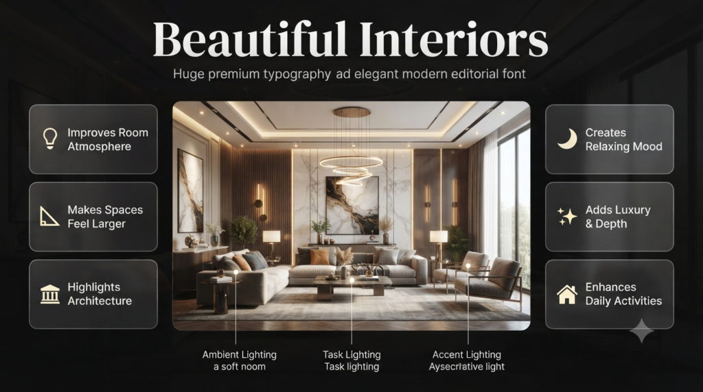Beautiful interiors lighting design showing ambient, task, and accent lighting layers that enhance mood, functionality, and luxury home spaces