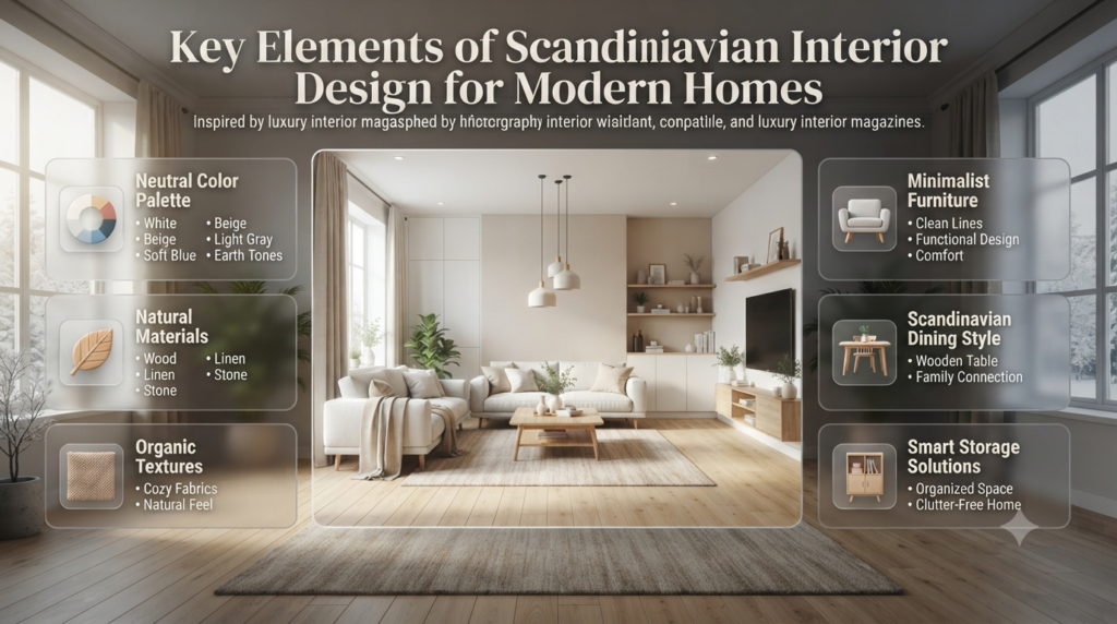 Scandinavian interior design elements featuring neutral colors, natural materials, minimalist furniture, and smart storage solutions