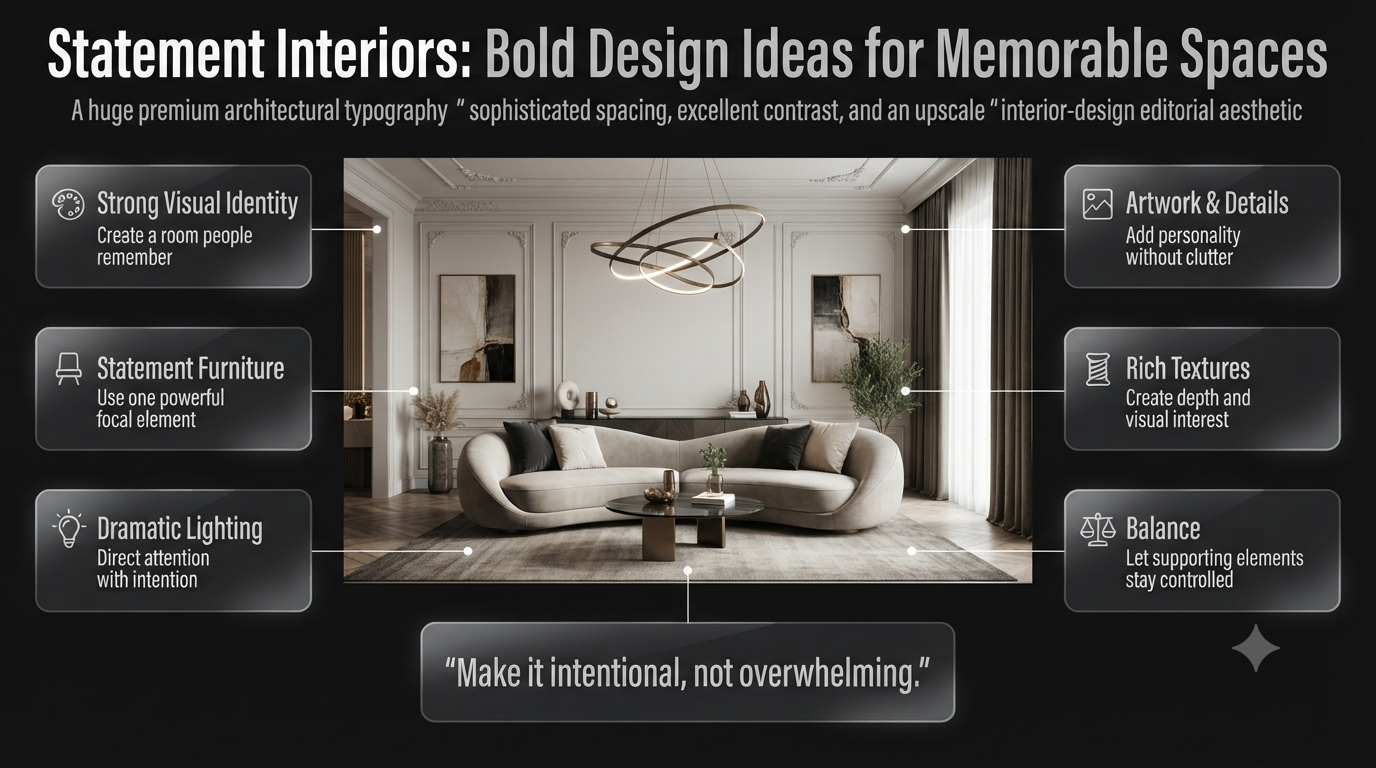 Luxury statement interior featuring bold furniture, dramatic lighting, artwork, rich textures, and balanced architectural design. Statement Interiors: Bold Design Ideas for Memorable Spaces