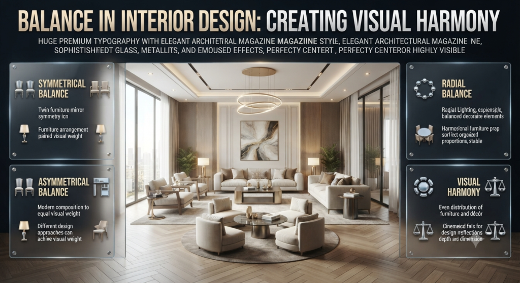 Interior design balance principles showing symmetrical, asymmetrical, and radial balance for creating harmonious and stylish spaces