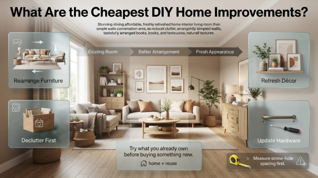 Cheapest DIY home improvements featuring furniture rearrangement, decluttering, décor updates, and affordable cabinet hardware.