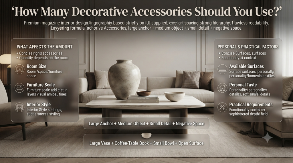 Styled coffee table showing balanced decorative accessories with a large vase, book, small bowl, and intentional negative space.