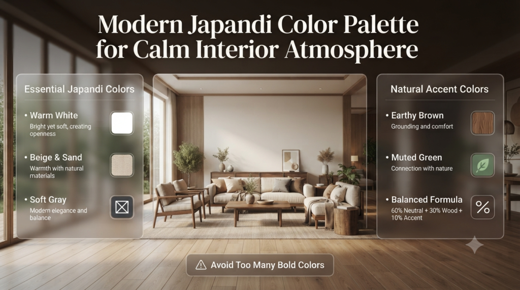 Modern Japandi color palette featuring warm whites, beige tones, earthy browns, muted greens, and natural materials for peaceful interiors
