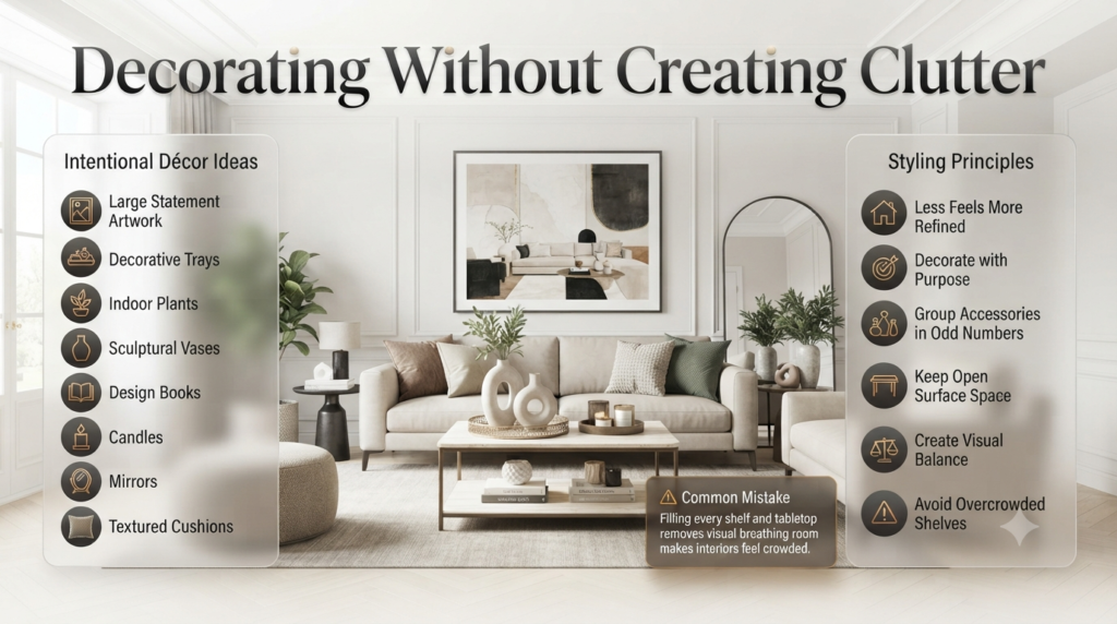 Modern home décor infographic showing clutter-free decorating with large artwork, indoor plants, candles, mirrors, sculptural vases, and balanced accessory styling.
