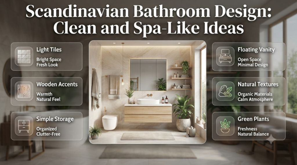 Scandinavian bathroom design with light tiles, wooden accents, natural textures, floating vanity, and relaxing spa-like atmosphere