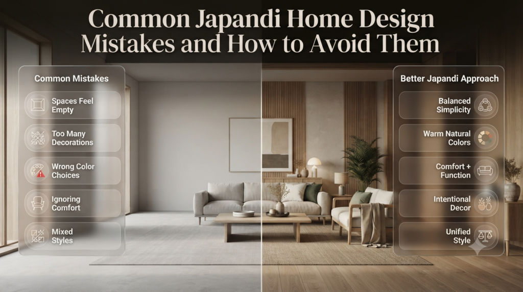 Japandi home design mistakes infographic showing clutter, wrong colors, empty spaces, and tips for balanced minimalist interiors