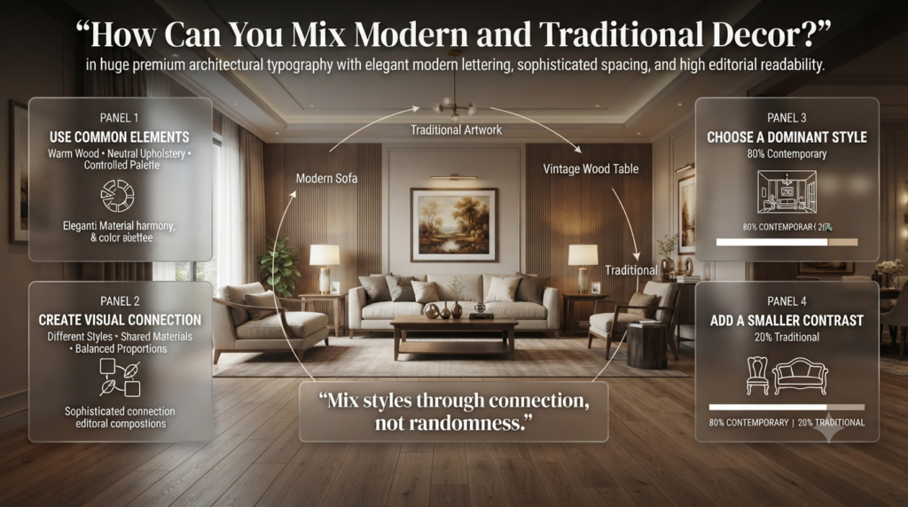 Modern and traditional decor combined with a contemporary sofa, traditional artwork, vintage wood table, and modern lighting.