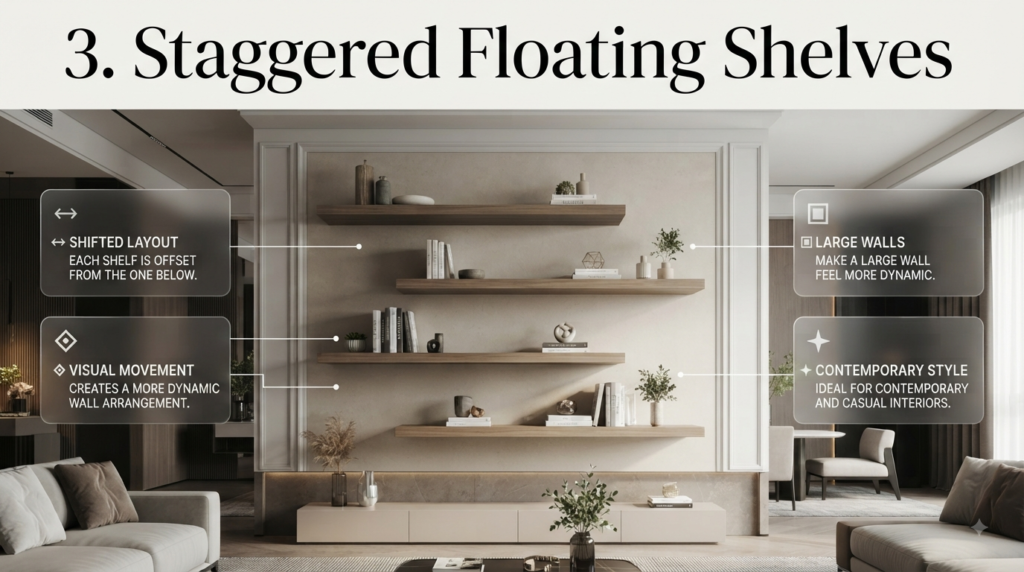 Staggered floating shelves arranged at varying heights to create movement and a contemporary casual wall display.