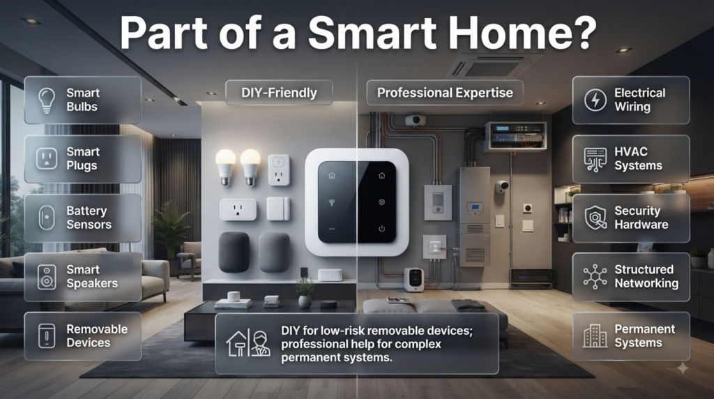 Smart home DIY guide comparing easy devices like bulbs and sensors with complex electrical, HVAC, security, and network systems.