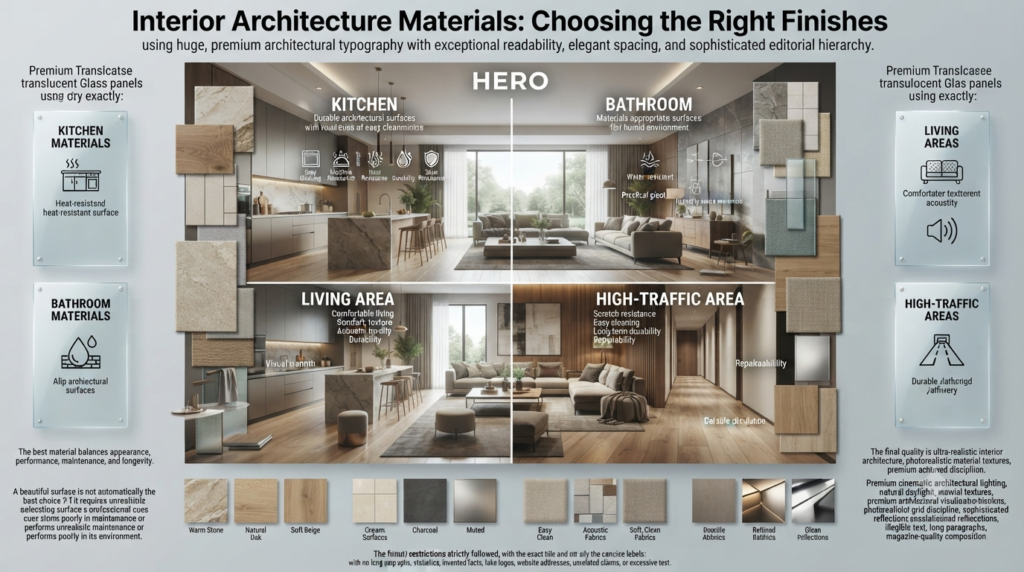 Interior architecture materials guide showing kitchen, bathroom, living area, and high-traffic finish considerations