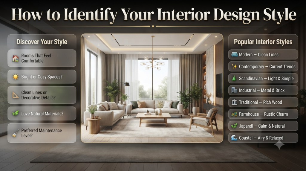 Infographic showing how to identify your interior design style with a comparison of popular home décor styles, key features, and self-discovery questions.