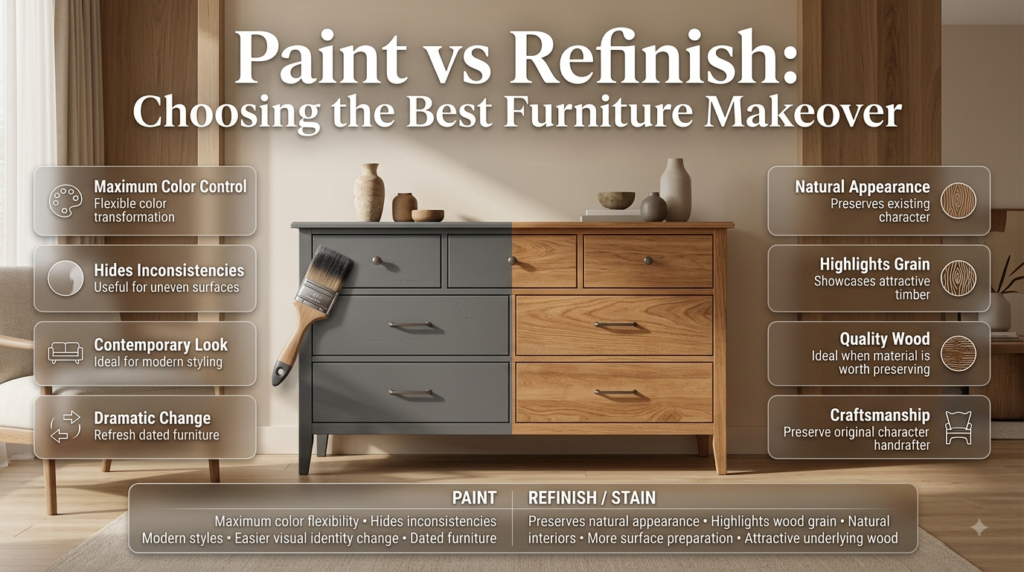 Paint versus refinishing furniture makeover showing color flexibility, natural wood grain, stain, clear finish, and surface preparation.