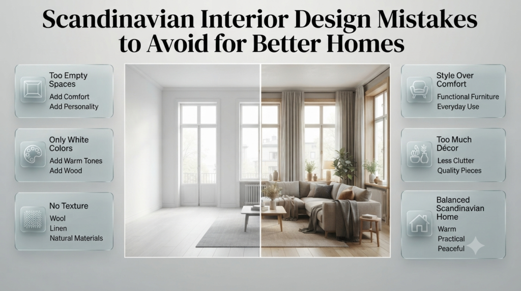 Scandinavian interior design mistakes showing clutter, cold spaces, poor textures, and tips for creating warm Nordic homes