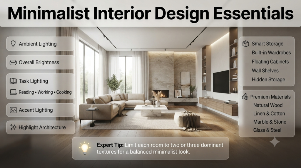Modern minimalist interior with layered lighting, smart storage, natural wood, stone, linen textures, and clean décor creating a warm, organized living space.