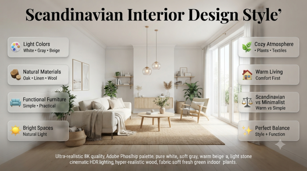 Scandinavian interior design style featuring light wood, neutral colors, cozy textiles, functional furniture, indoor plants, and Nordic-inspired décor.