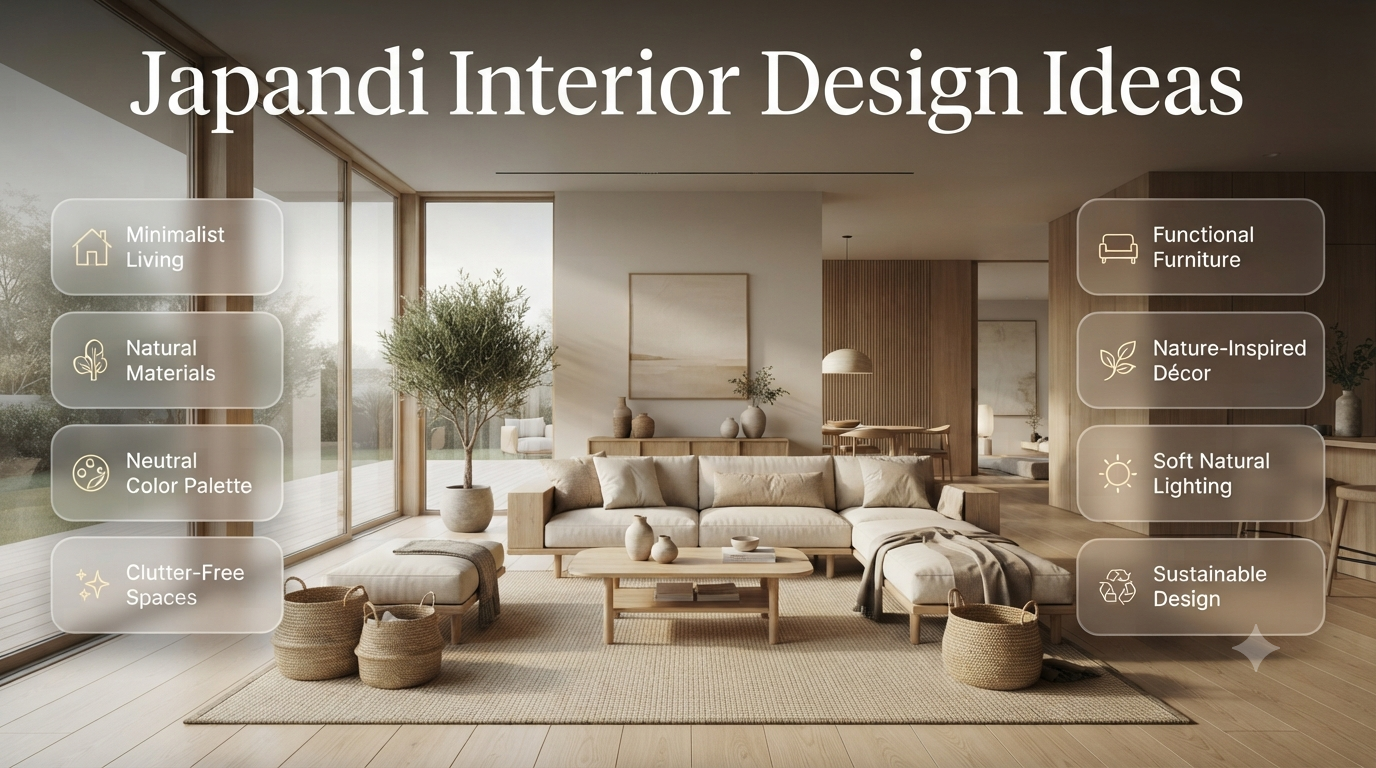 Modern Japandi interior featuring Scandinavian furniture, natural wood, neutral colors, soft lighting, minimalist décor, and a peaceful contemporary living space. Japandi Interior Design Ideas for a Calm, Modern & Minimal Home