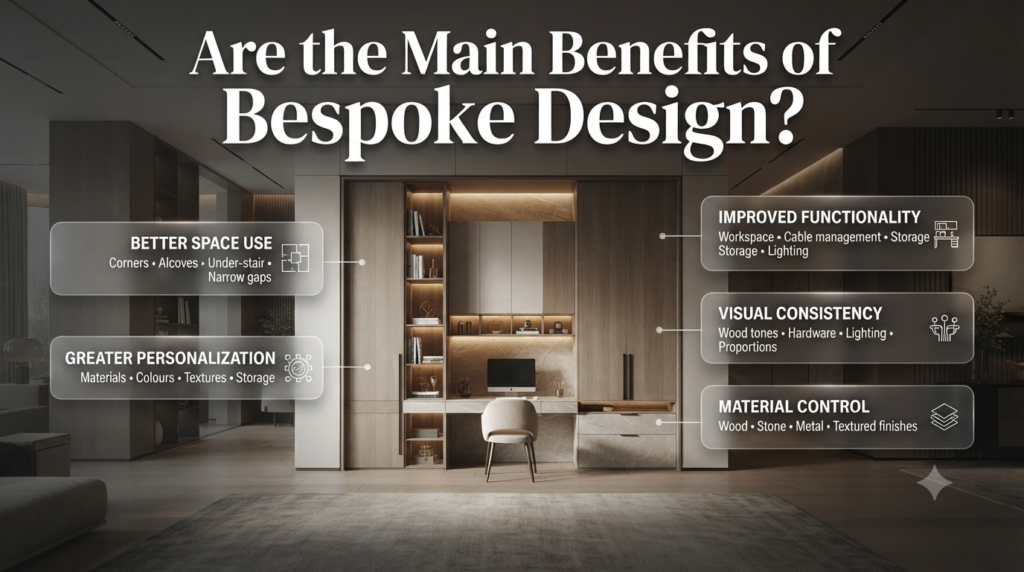 Bespoke design benefits including space efficiency, personalization, functionality, visual consistency, and material control.