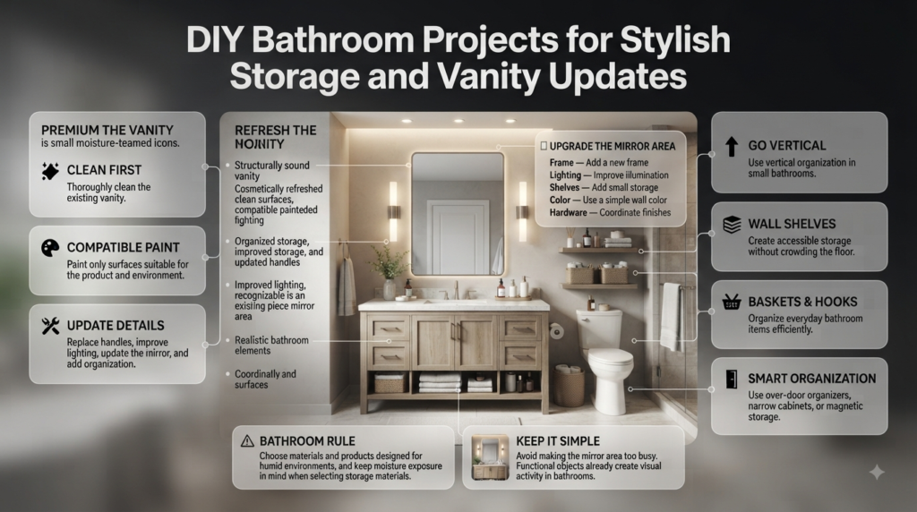 DIY bathroom projects featuring vanity updates, vertical storage, mirror improvements, moisture-resistant materials, and better lighting