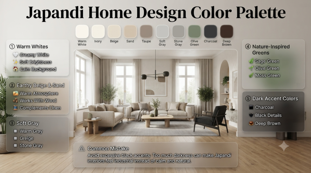 Japandi Home Design color palette featuring warm whites, beige, soft gray, sage green, charcoal, and earthy tones for peaceful interiors.