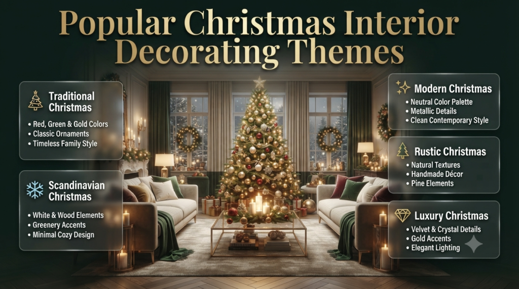 Popular Christmas interior decorating themes featuring traditional, modern, Scandinavian, rustic, and luxury holiday home styles.