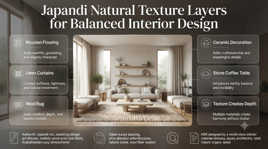 Japandi interior design showing layered natural textures with wood, linen, wool, ceramic, and stone elements for a calm home