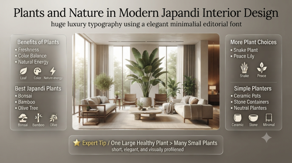 Modern Japandi interior featuring bonsai, bamboo, olive trees, snake plants, peace lilies, and neutral ceramic planters in a calm living space