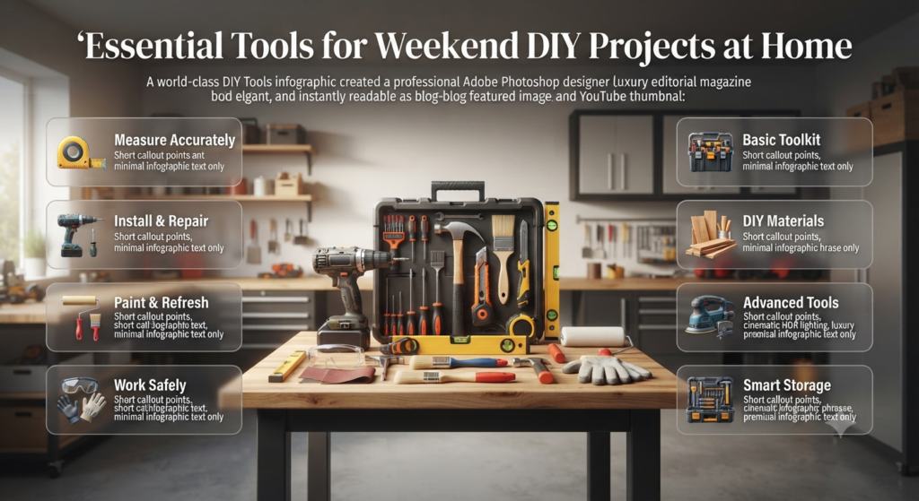 Essential tools for weekend DIY projects including drill, hammer, screwdriver, measuring tape, safety gear, and home toolkit supplies.