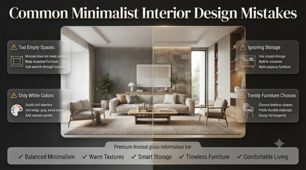 Minimalist interior design mistakes infographic showing empty spaces, excessive white colors, poor storage, and trendy furniture choices to avoid.