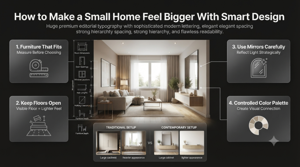 Small contemporary home design showing compact furniture, open floors, floating storage, mirrors, and a controlled neutral color palette.
