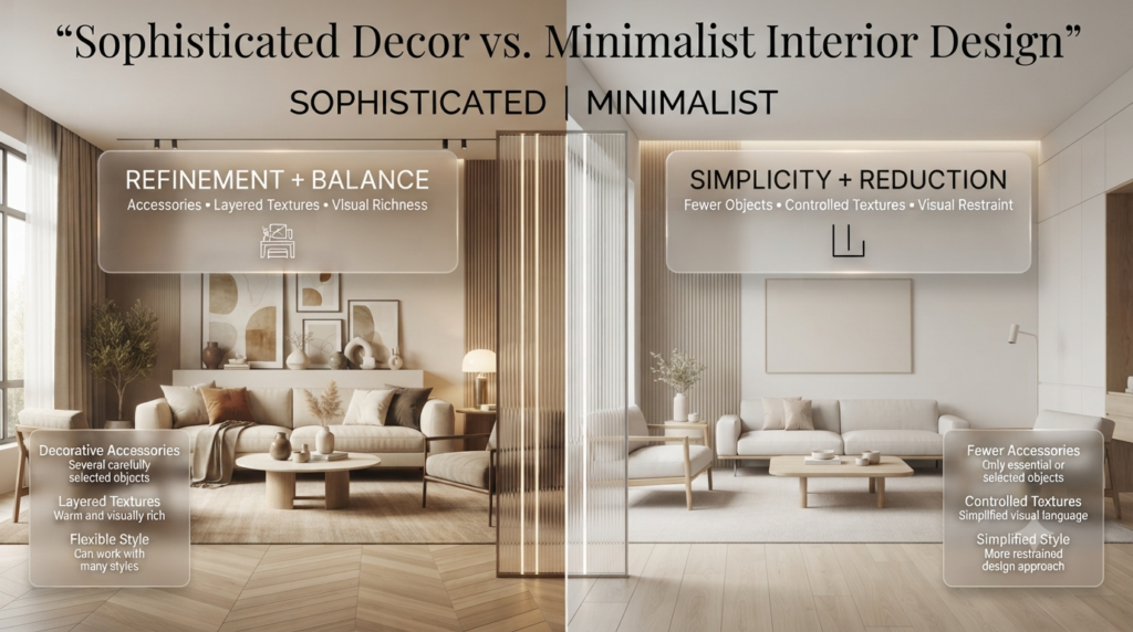 Sophisticated decor vs minimalist interior design comparison showing refined styling, layered textures, simplicity, and visual restraint.