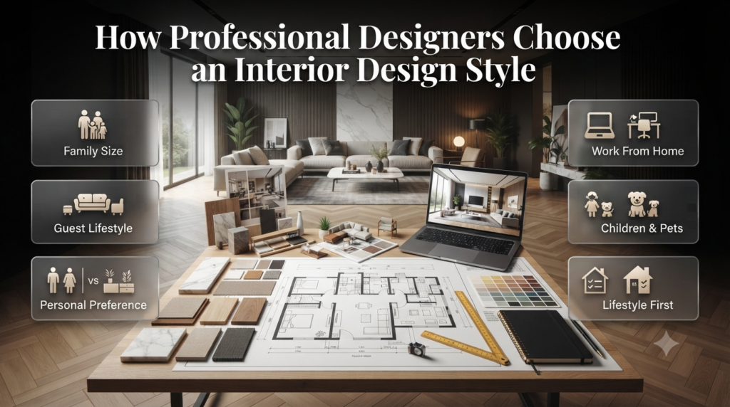 Professional interior designers selecting the right design style based on lifestyle, home layout, furniture planning, and functional living needs.