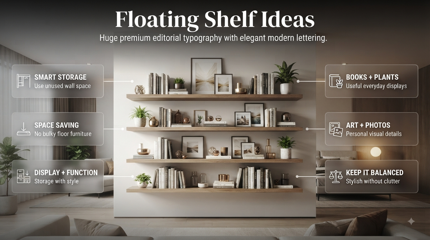Floating shelf ideas for stylish home dΓ©cor, storage, plants, books, artwork, kitchenware, and organized wall displays