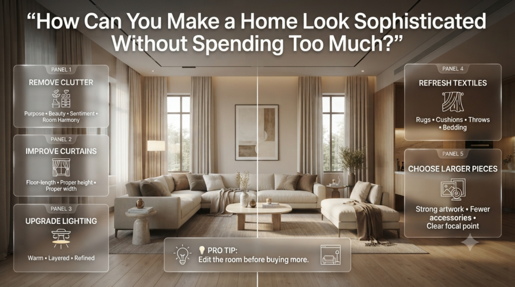 Sophisticated home decor on a budget using decluttering, layered lighting, curtains, textiles, and larger decorative pieces.