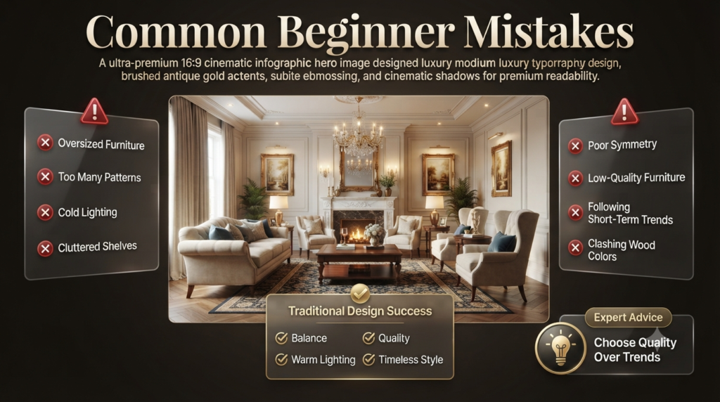A luxury infographic showing common traditional interior design mistakes, including oversized furniture, poor lighting, cluttered décor, lack of symmetry, and mismatched colors.