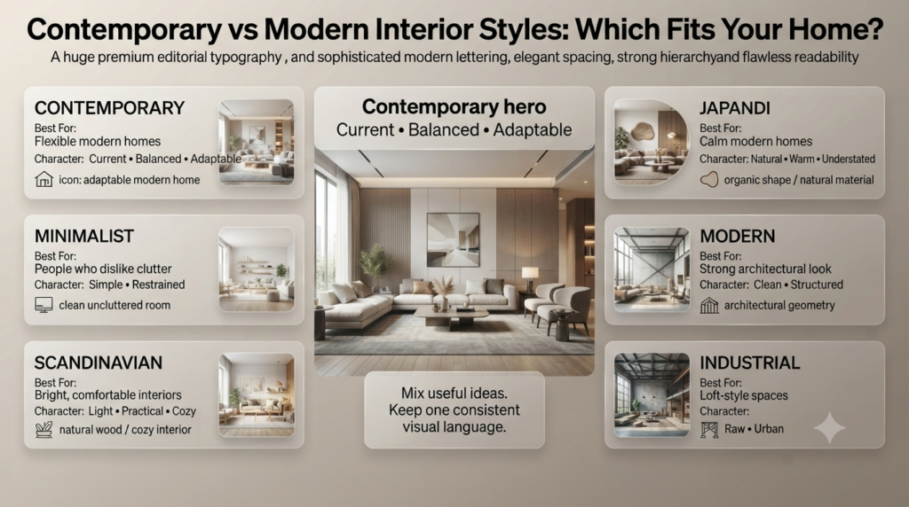 Interior design comparison infographic showing Contemporary, Minimalist, Scandinavian, Japandi, Modern, and Industrial styles.