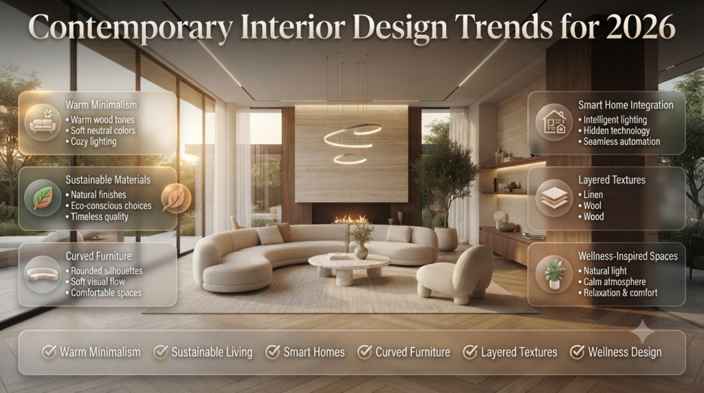 Luxury infographic showcasing 2026 contemporary interior design trends including warm minimalism, sustainable materials, curved furniture, smart home technology, layered textures, and wellness-inspired spaces.