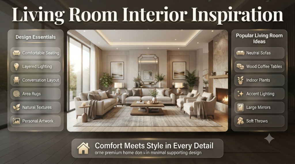 Premium infographic featuring living room interior inspiration with comfortable seating, layered lighting, natural textures, stylish décor, and modern layout ideas.