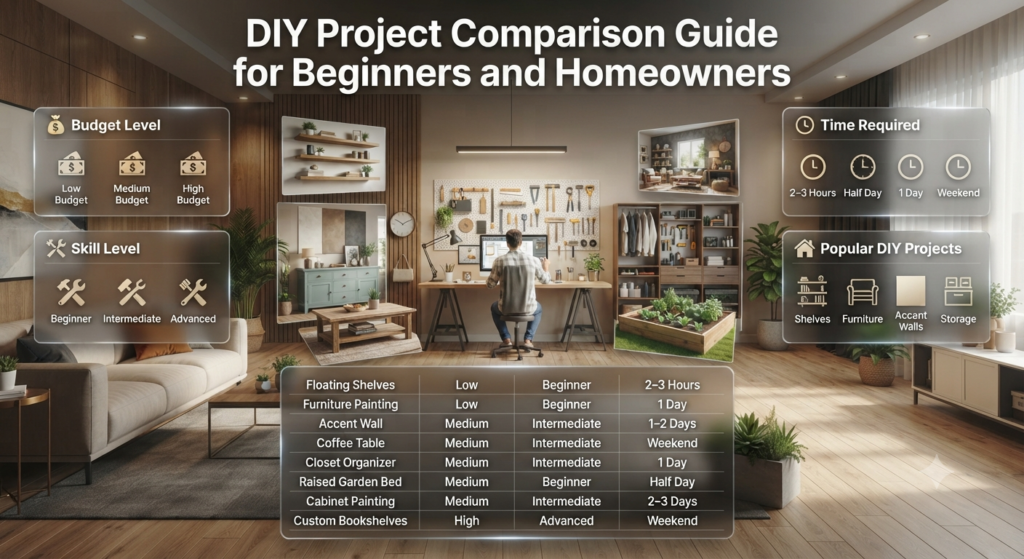 DIY project comparison infographic showing budget, skill level, and time requirements for shelves, painting, furniture, storage, and home upgrades.